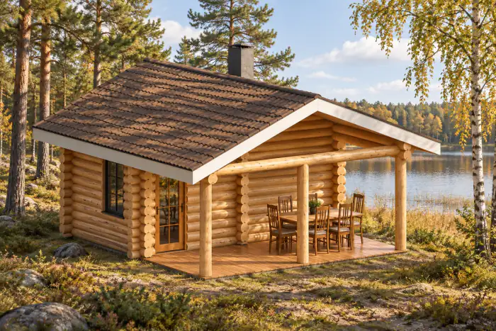 Rąstinė pirtis 3×6 su terasa: vizualizacija